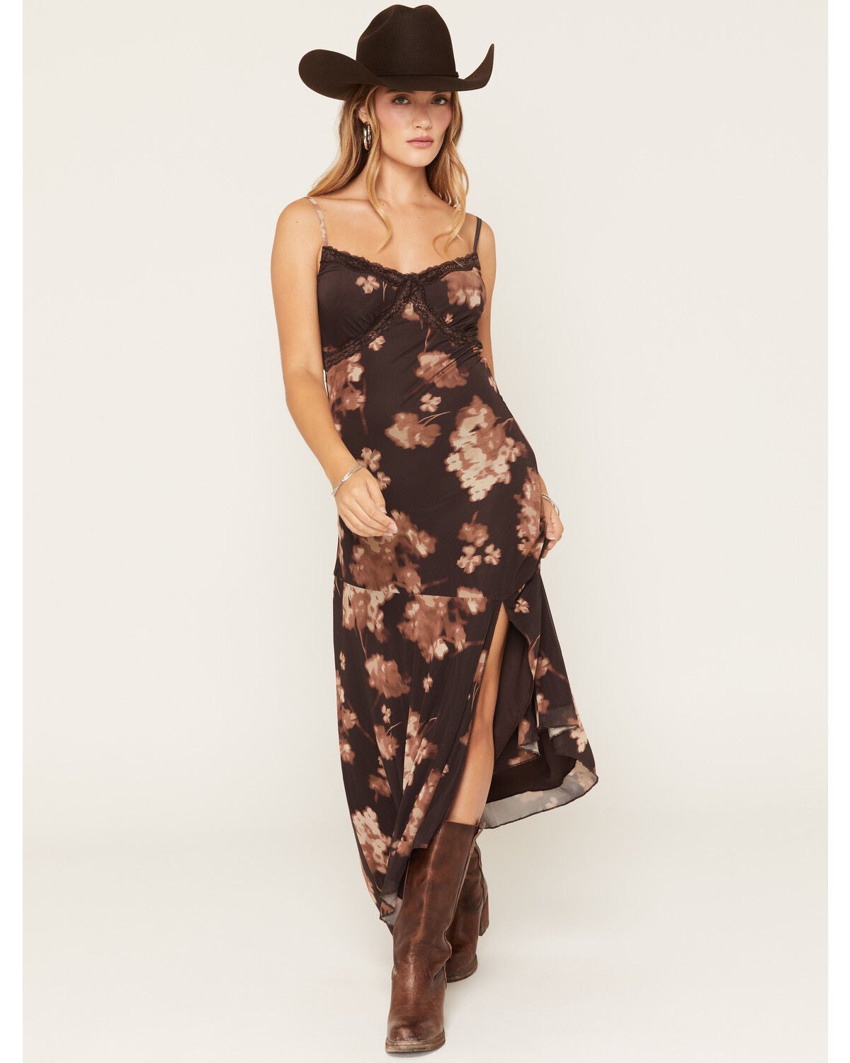 Cleo + Wolf Women's Floral Print Asymmetrical Hem Midi Dress, Brown, hi-res