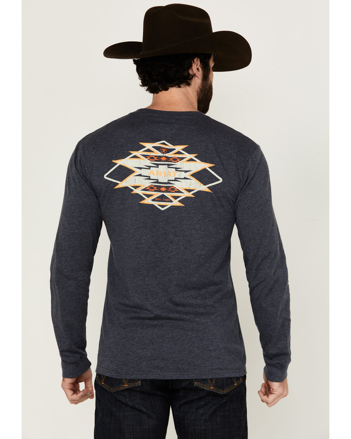 Image #1 - Ariat Men's Saltillo Lockup Long Sleeve Graphic Shirt, Heather Blue, hi-res