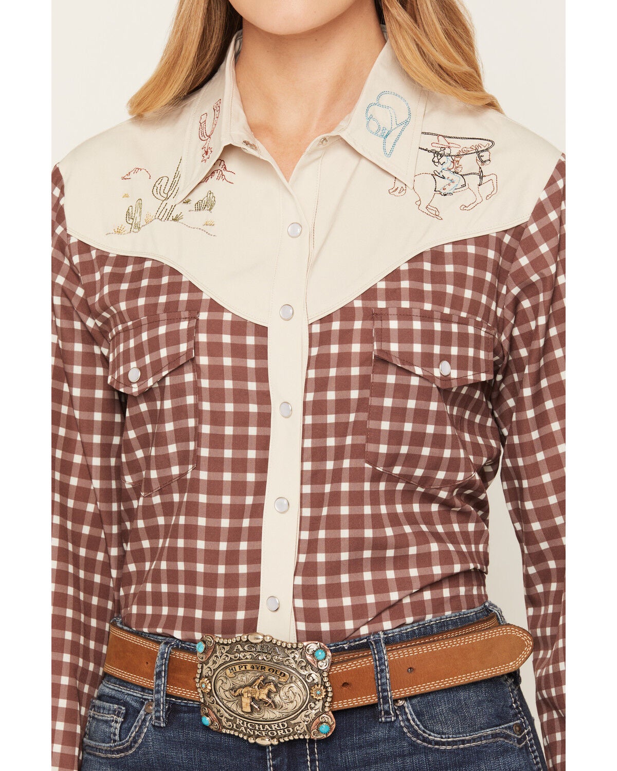 Image #3 - Howdy Hanny Women's Gingham Western Embroidered Long Sleeve Pearl Snap Western Shirt, Brown, hi-res
