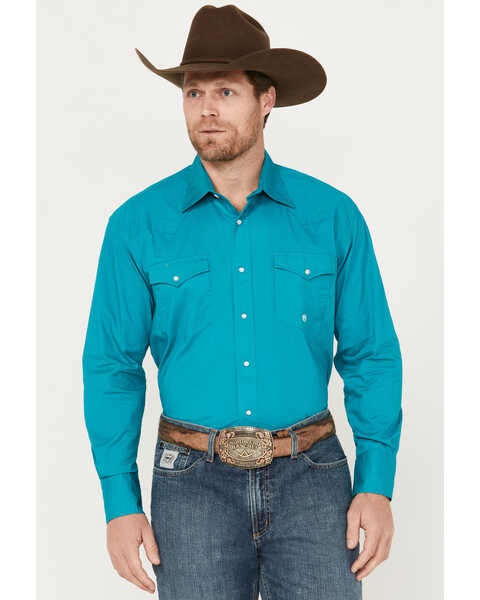 Roper Men's Amarillo Solid Long Sleeve Stretch Western Snap Shirt, Teal, hi-res