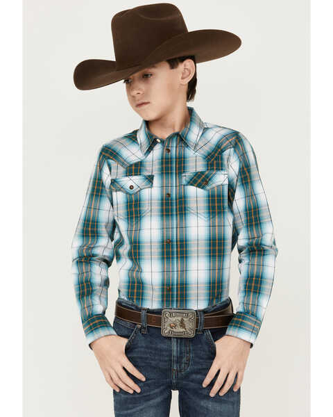 Cody James Boys' Plaid Print Long Sleeve Western Shirt, Blue, hi-res