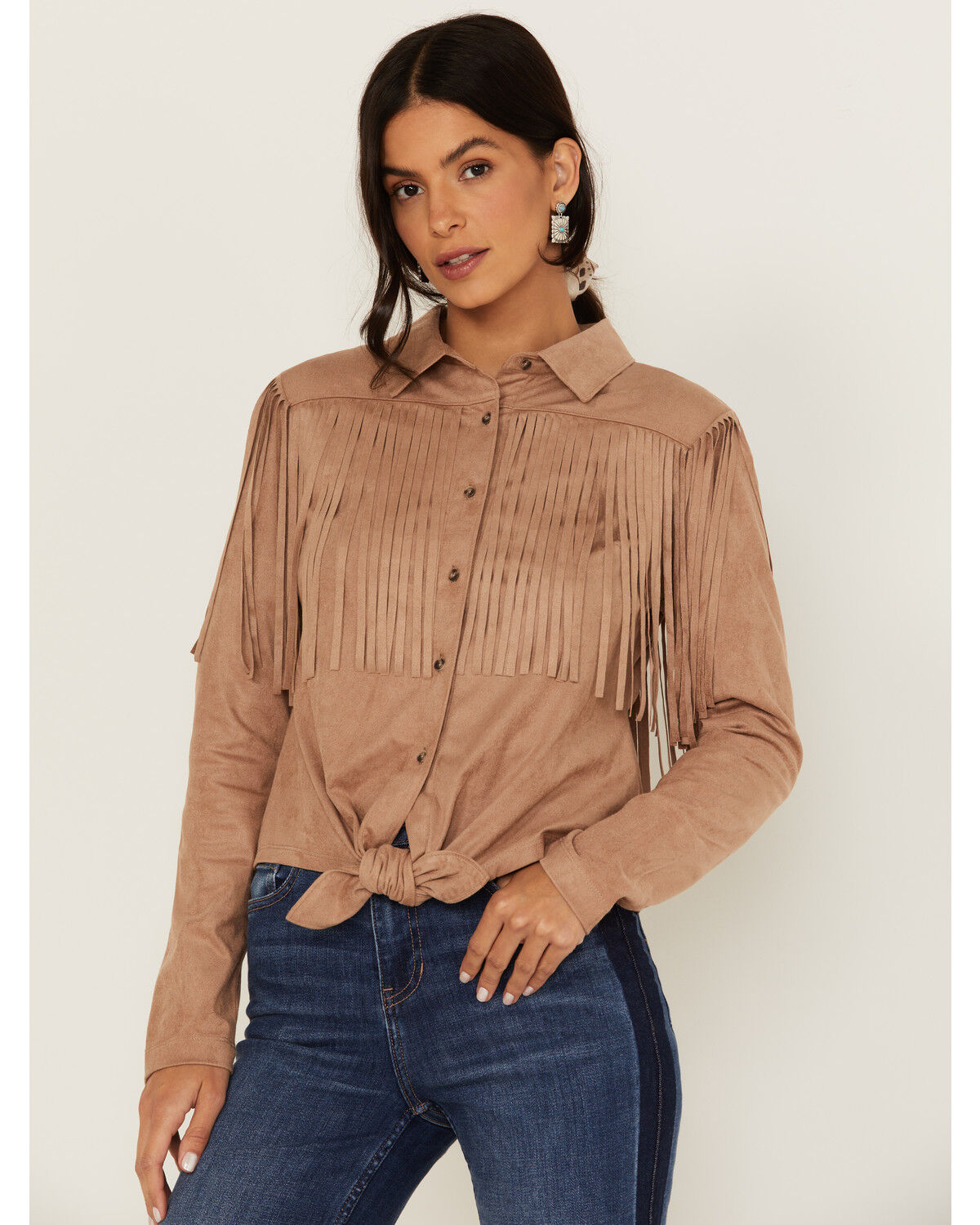 Image #1 - Idyllwind Women's Fate Tie-Front Faux Suede Fringe Shirt, Tan, hi-res