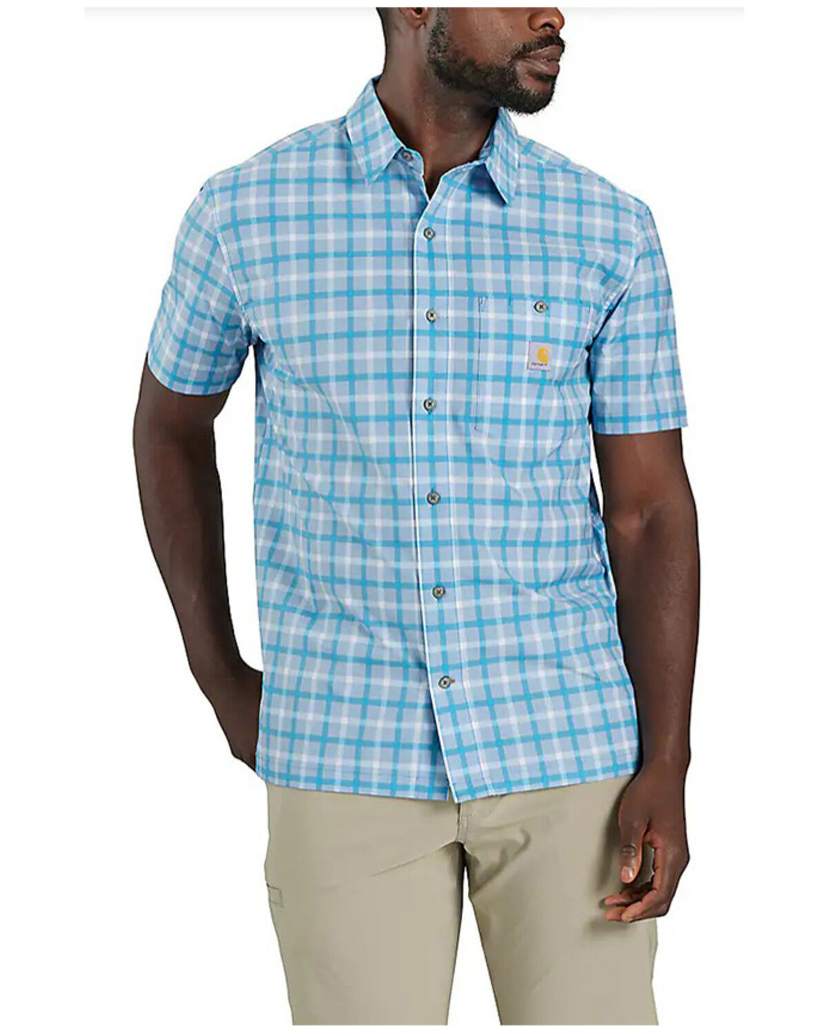 Image #1 - Carhartt Men's Force Sun Defender™ Relaxed Fit Lightweight Plaid Print Short Sleeve Button-Down Shirt, Aqua, hi-res