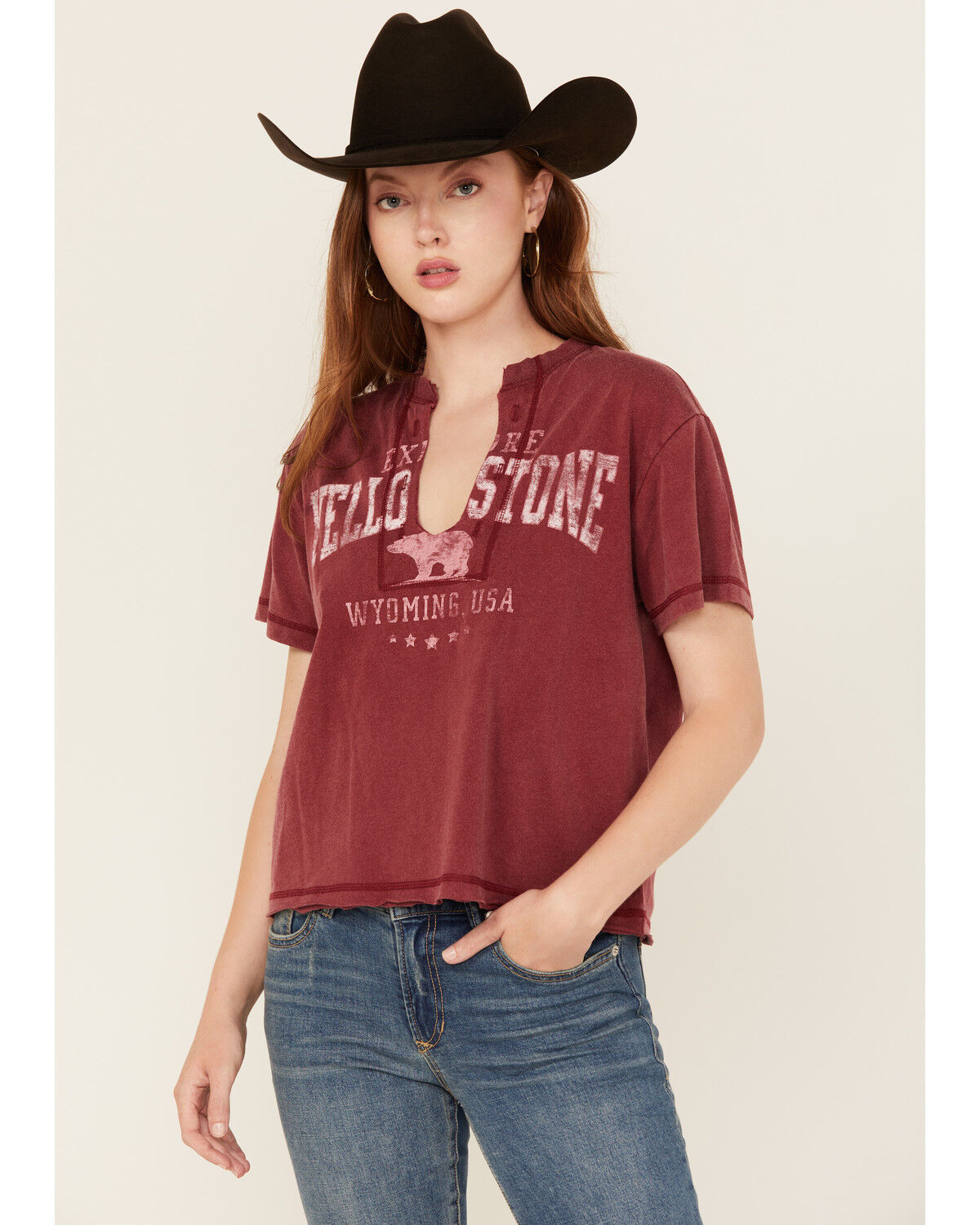 Image #1 - Youth in Revolt Women's Yellowstone Short Sleeve Graphic Tee, Burgundy, hi-res