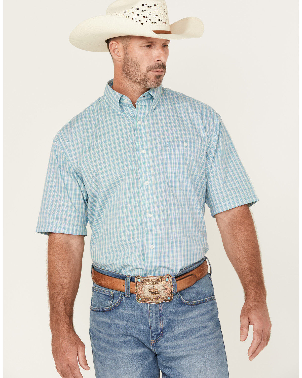 Image #1 - Wrangler Men's Classic Plaid Print Short Sleeve Button-Down Western Shirt, Blue, hi-res