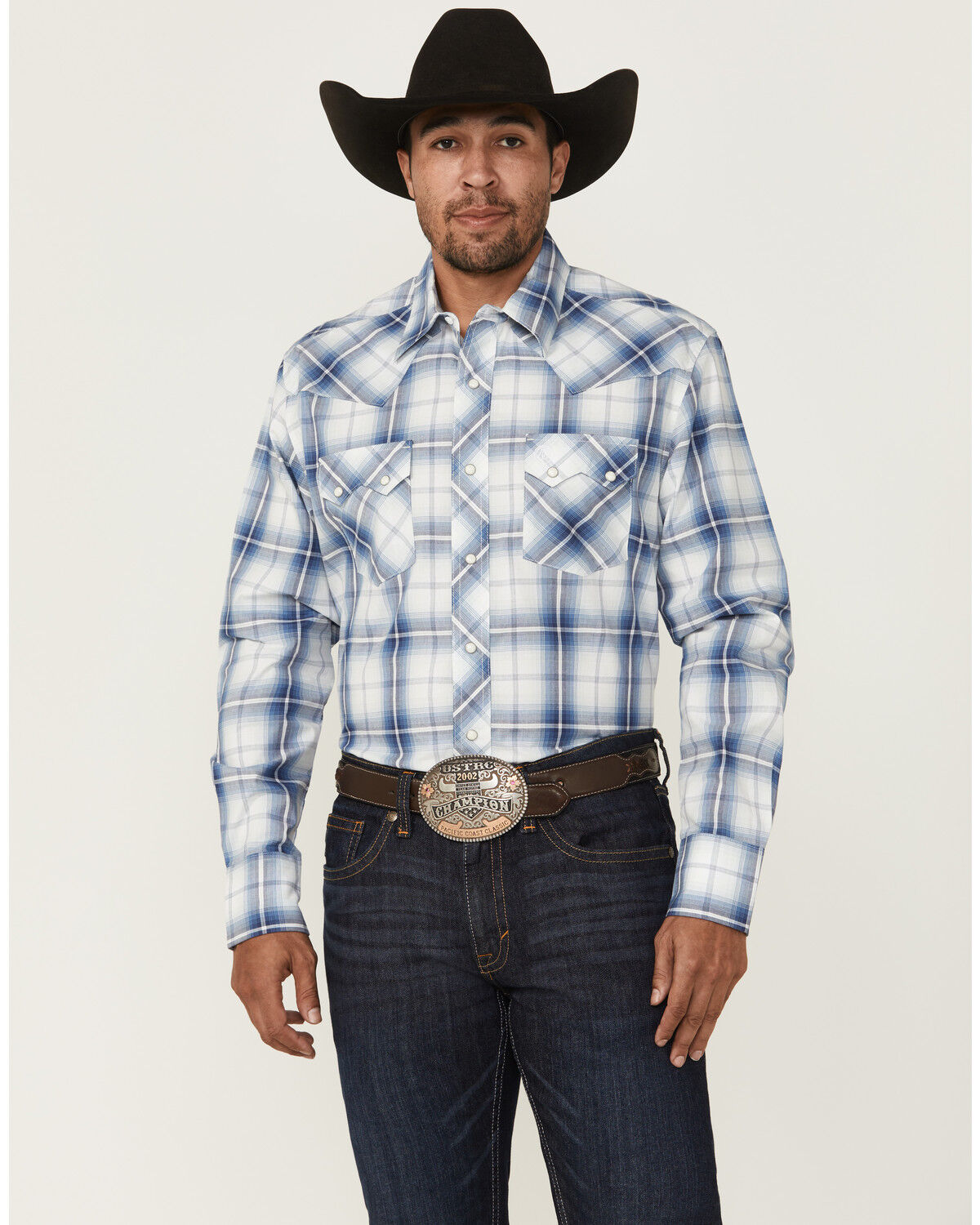 Image #1 - Wrangler Retro Men's Plaid Print Long Sleeve Snap Western Shirt, Blue, hi-res