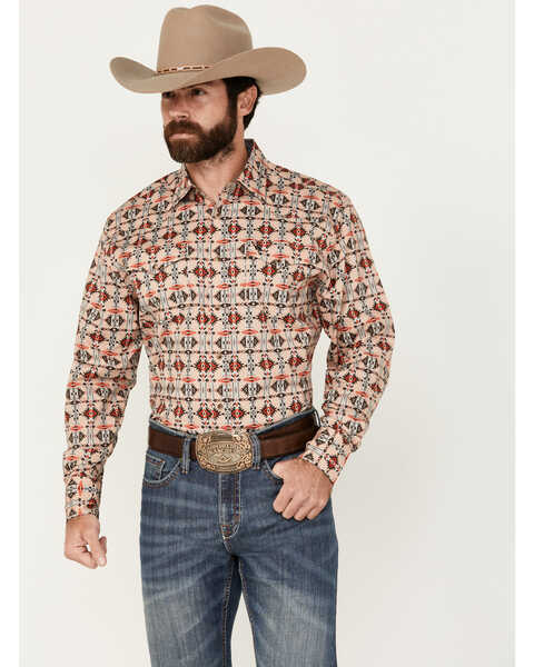 Image #1 - Rodeo Clothing Men's Southwestern Print Long Sleeve Snap Stretch Western Shirt , Tan, hi-res