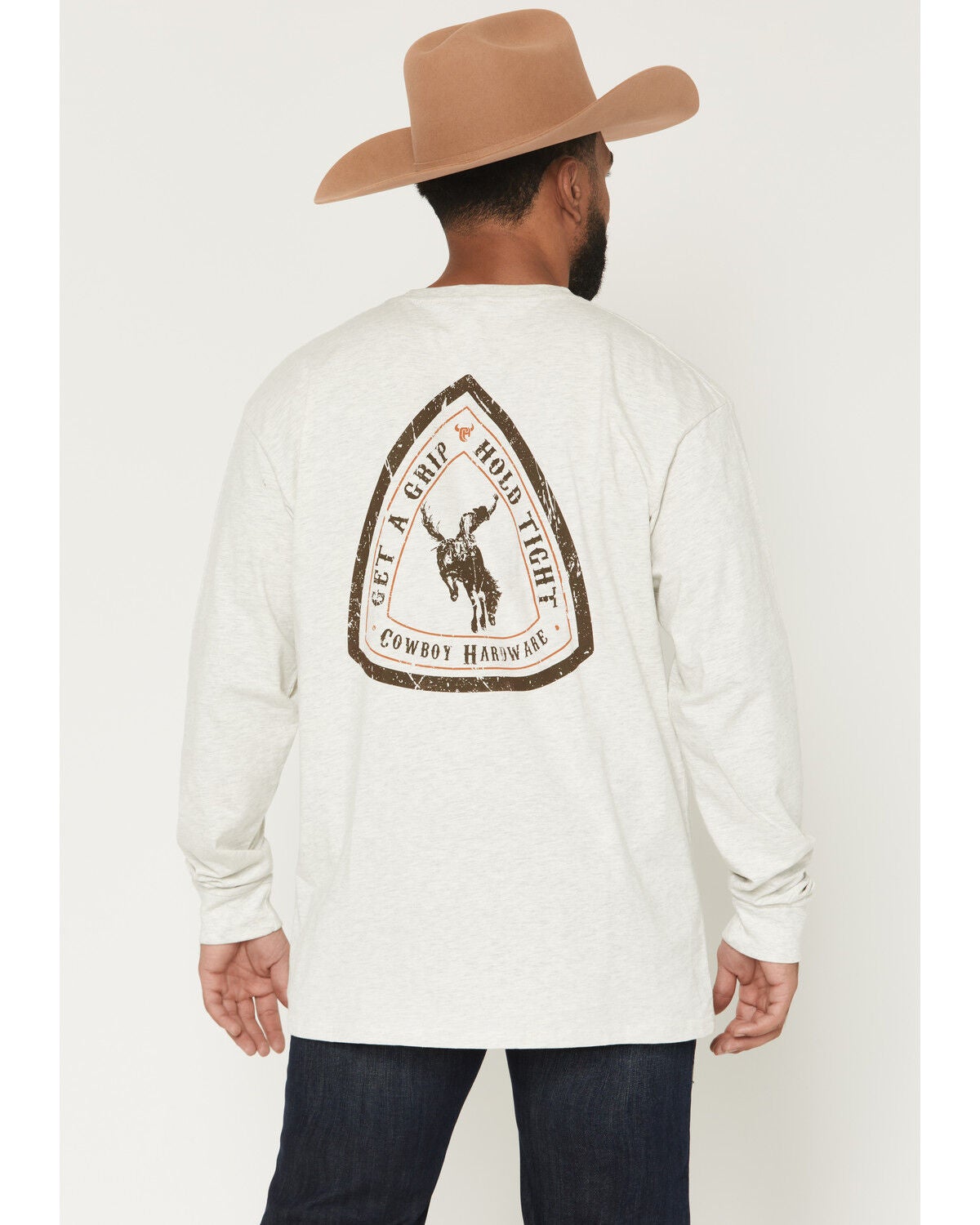 Image #1 - Cowboy Hardware Men's Get A Grip Hold Tight Long Sleeve Graphic T-Shirt, Oatmeal, hi-res