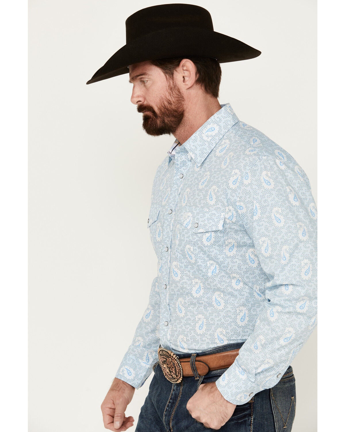 Image #2 - Panhandle Men's Paisley Print Long Sleeve Pearl Snap Western Shirt, Light Blue, hi-res