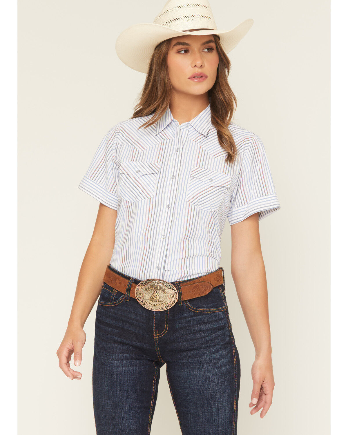 Image #1 - Ely Walker Women's Striped Short Sleeve Pearl Snap Western Shirt, Multi, hi-res