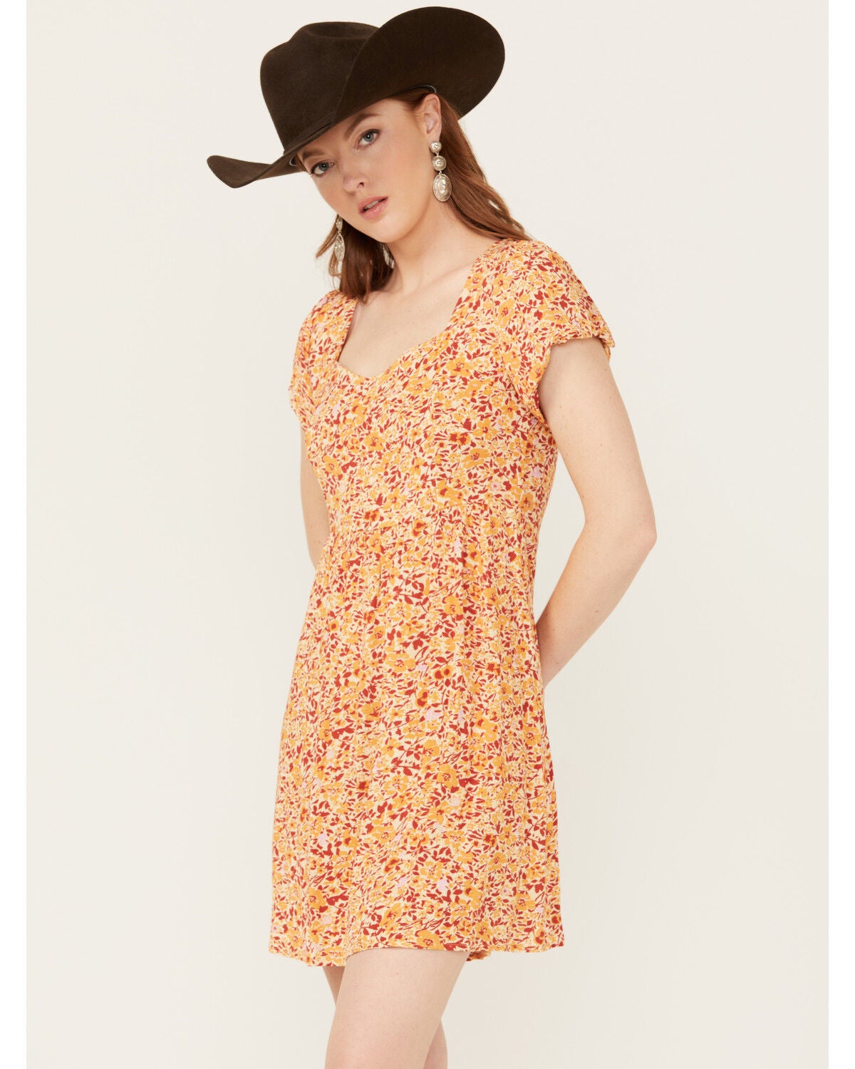 Wild Moss Women's Floral Print Mini Dress, Mustard, hi-res