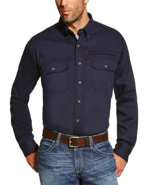 Image #1 - Ariat Men's FR Solid Vent Long Sleeve Button Down Work Shirt - Tall , Navy, hi-res