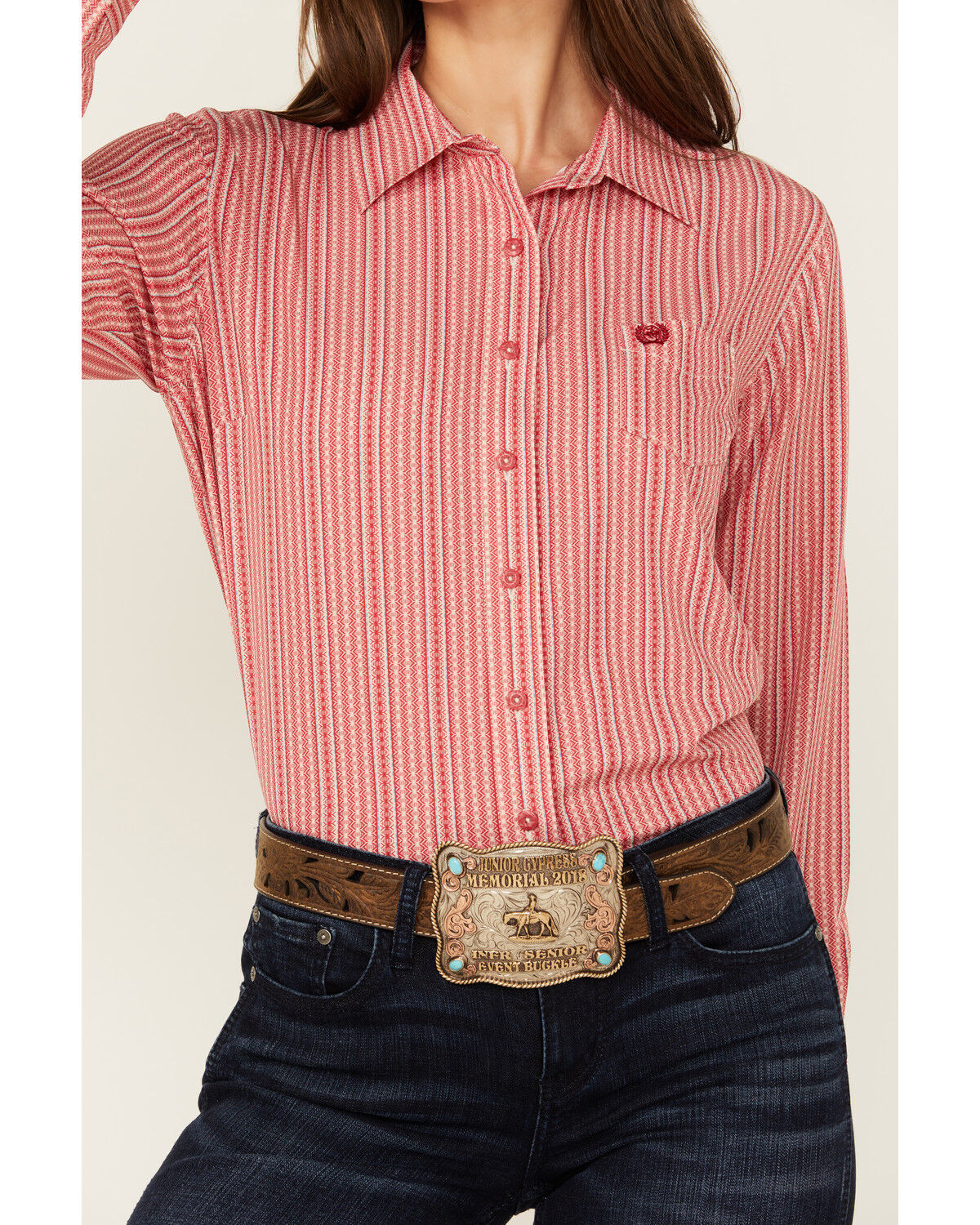 Image #3 - Cinch Women's ARENAFLEX® Striped Long Sleeve Button-Down Western Core Shirt, Red, hi-res