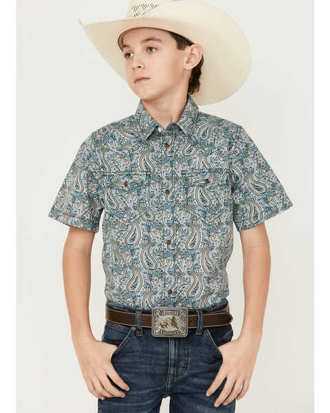 Image #1 - Cody James Boys' Paisley Print Short Sleeve Western Shirt, Blue, hi-res