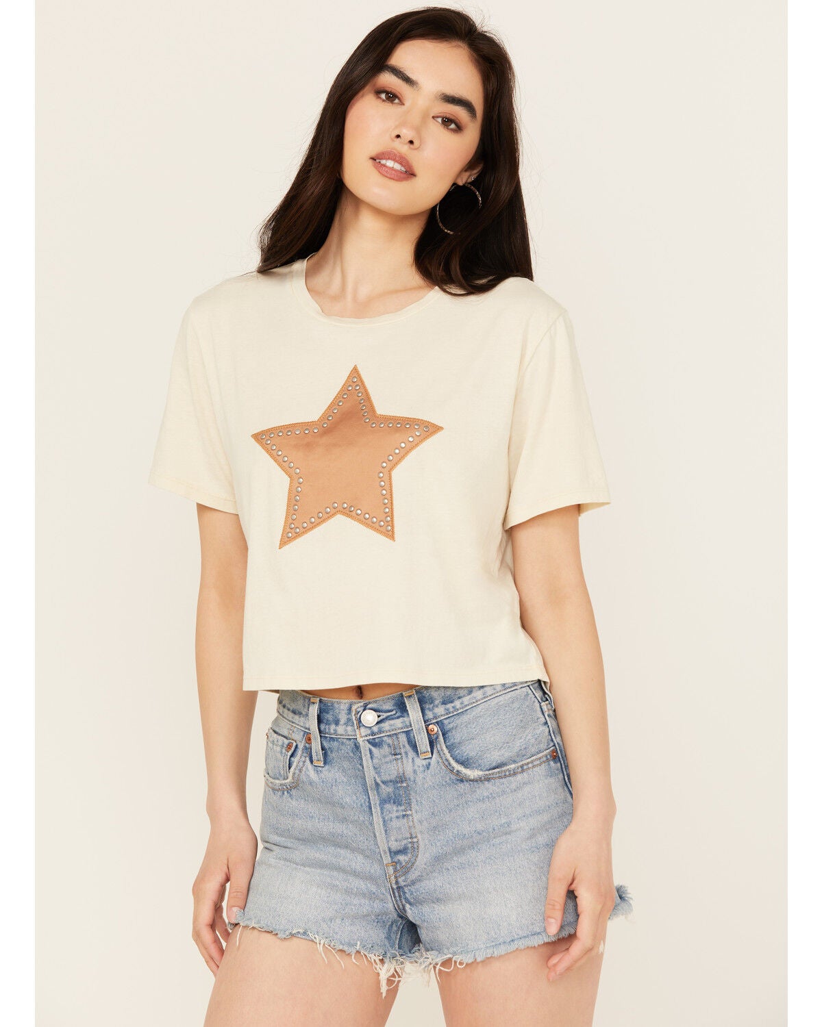 Rock & Roll Denim Women's Studded Star Short Sleeve Graphic Tee, Cream, hi-res