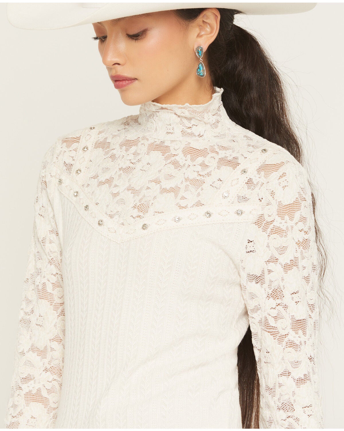 Image #2 - Miss Me Women's Mock Neck Lace Long Sleeve Top, White, hi-res