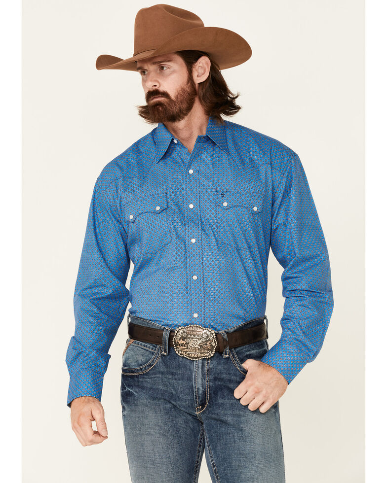 Stetson Men's Palm Foulard Small Geo Print Long Sleeve Snap Western Shirt , Blue, hi-res