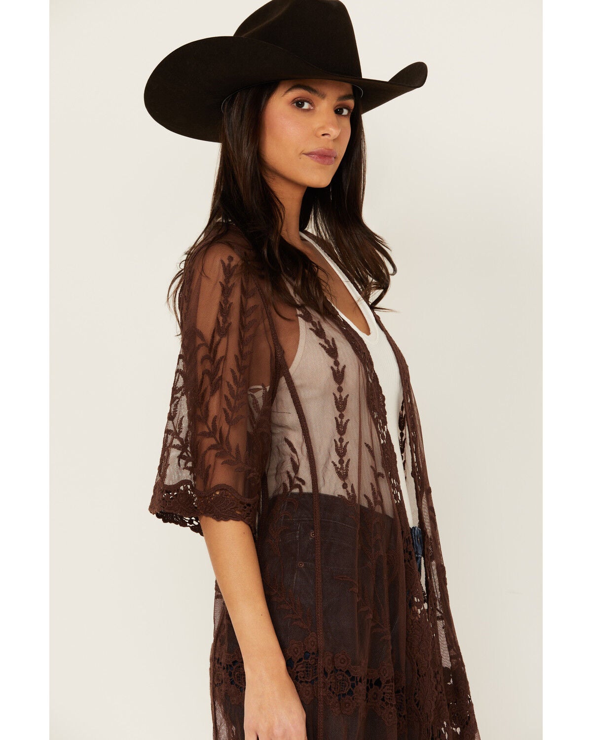 Shyanne Women's Long Knit Lace Kimono, Dark Brown
