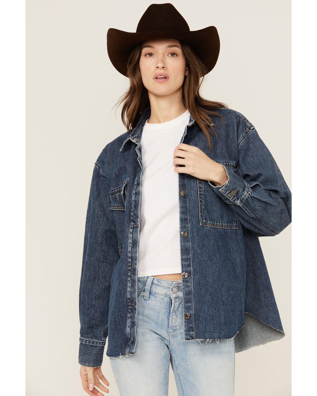 Ariat Women's Long Sleeve Button-Down Denim Shacket, Blue, hi-res