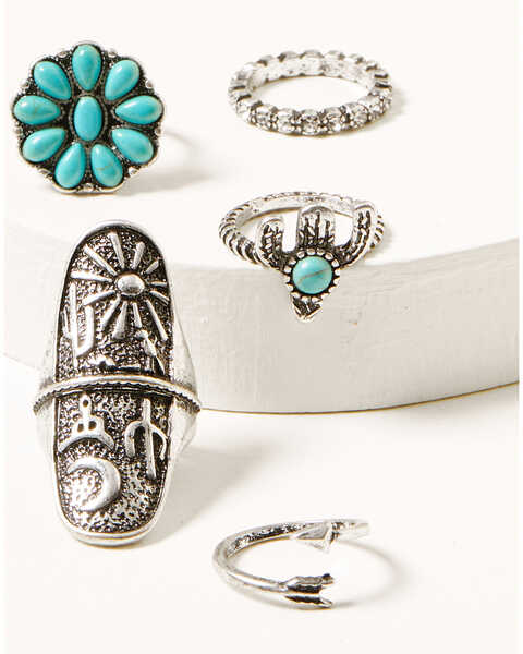Image #1 - Shyanne Women's 5-piece Silver & Turquoise Floral Cactus Arrow Ring Set, Silver, hi-res