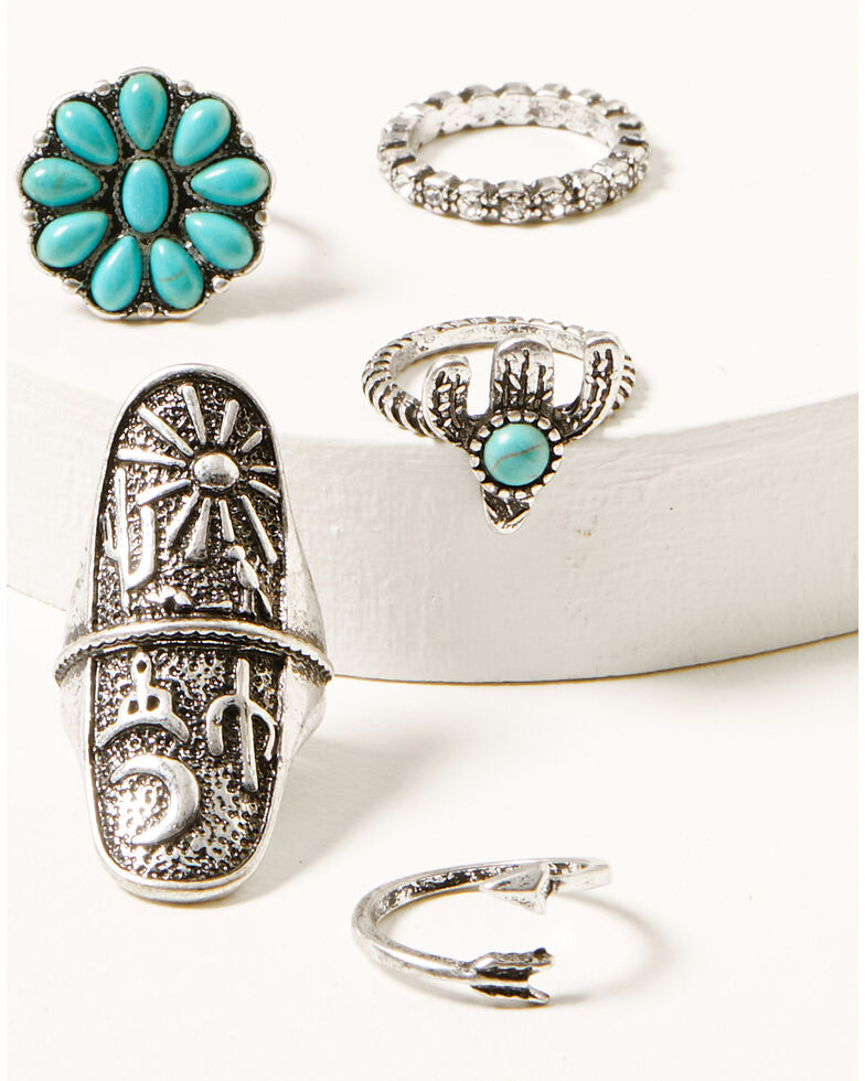 Shyanne Women's 5-piece Silver & Turquoise Floral Cactus Arrow Ring Set, Silver, hi-res