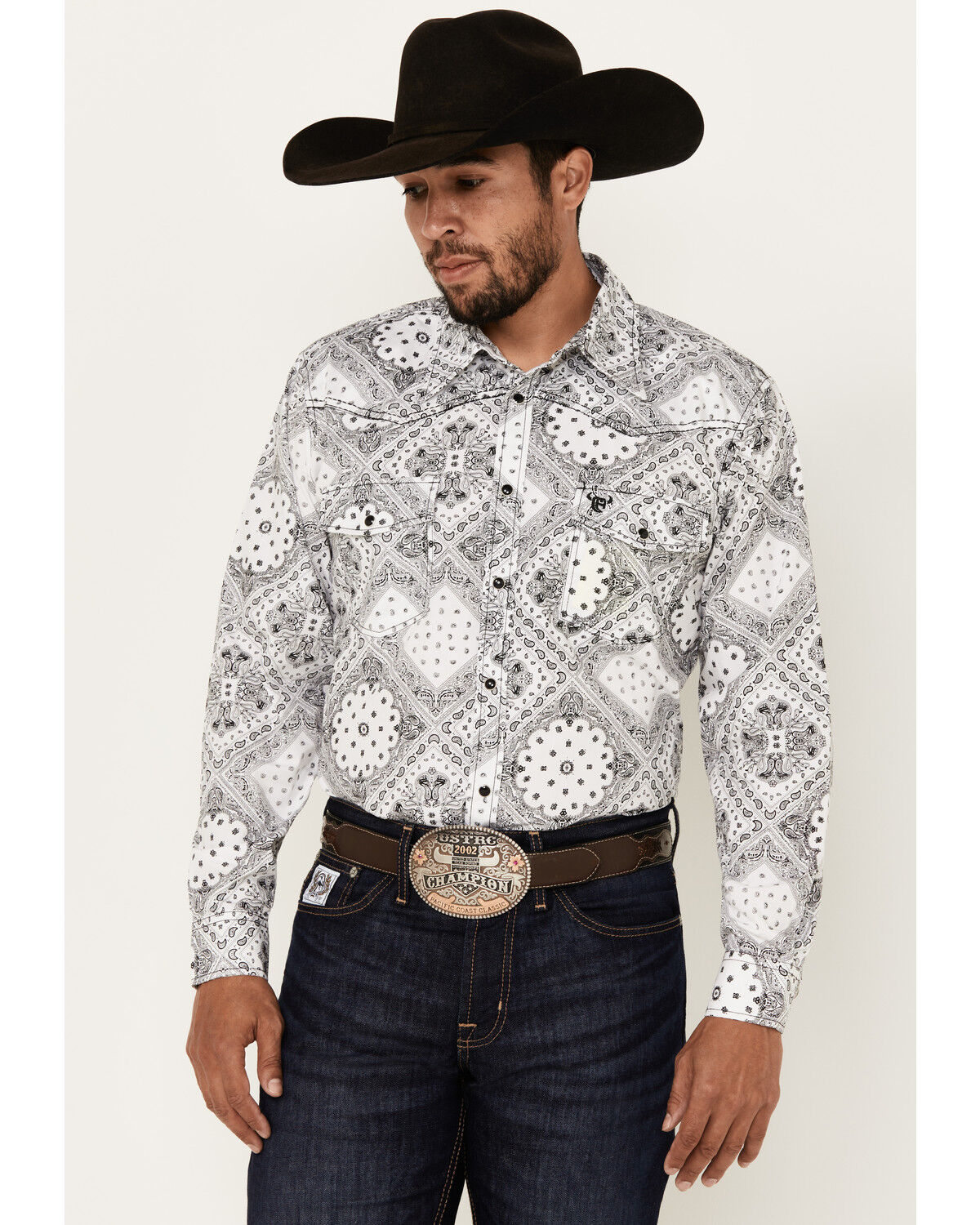 Image #1 - Cowboy Hardware Men's Bandana Print Long Sleeve Pearl Snap Western Shirt, White, hi-res