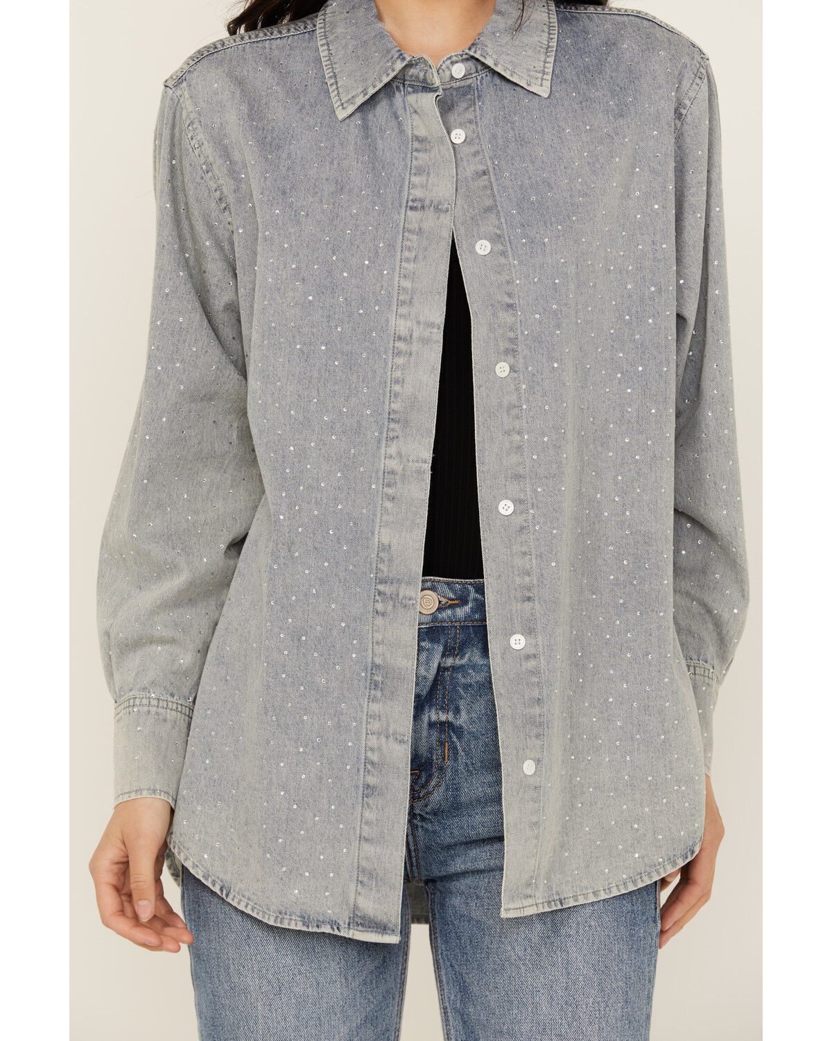 Image #3 - Blue B Women's Light Wash Rhinestone Long Sleeve Button-Down Denim Shirt, Blue, hi-res