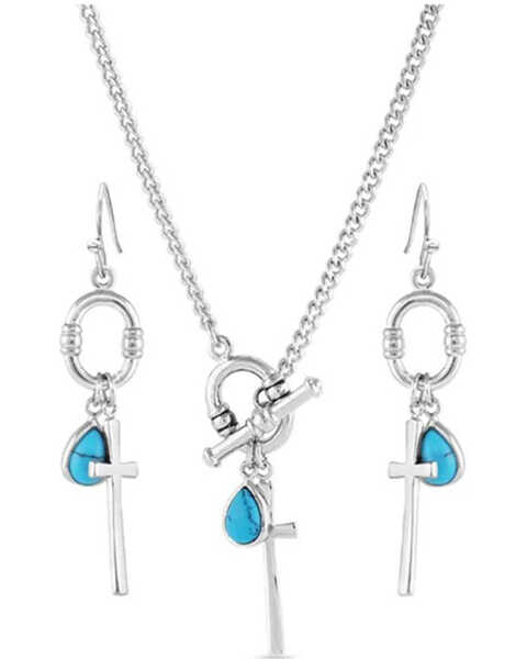 Image #1 - Montana Silversmiths Women's Charms of Faith Turquoise Cross Jewelry Set, Silver, hi-res
