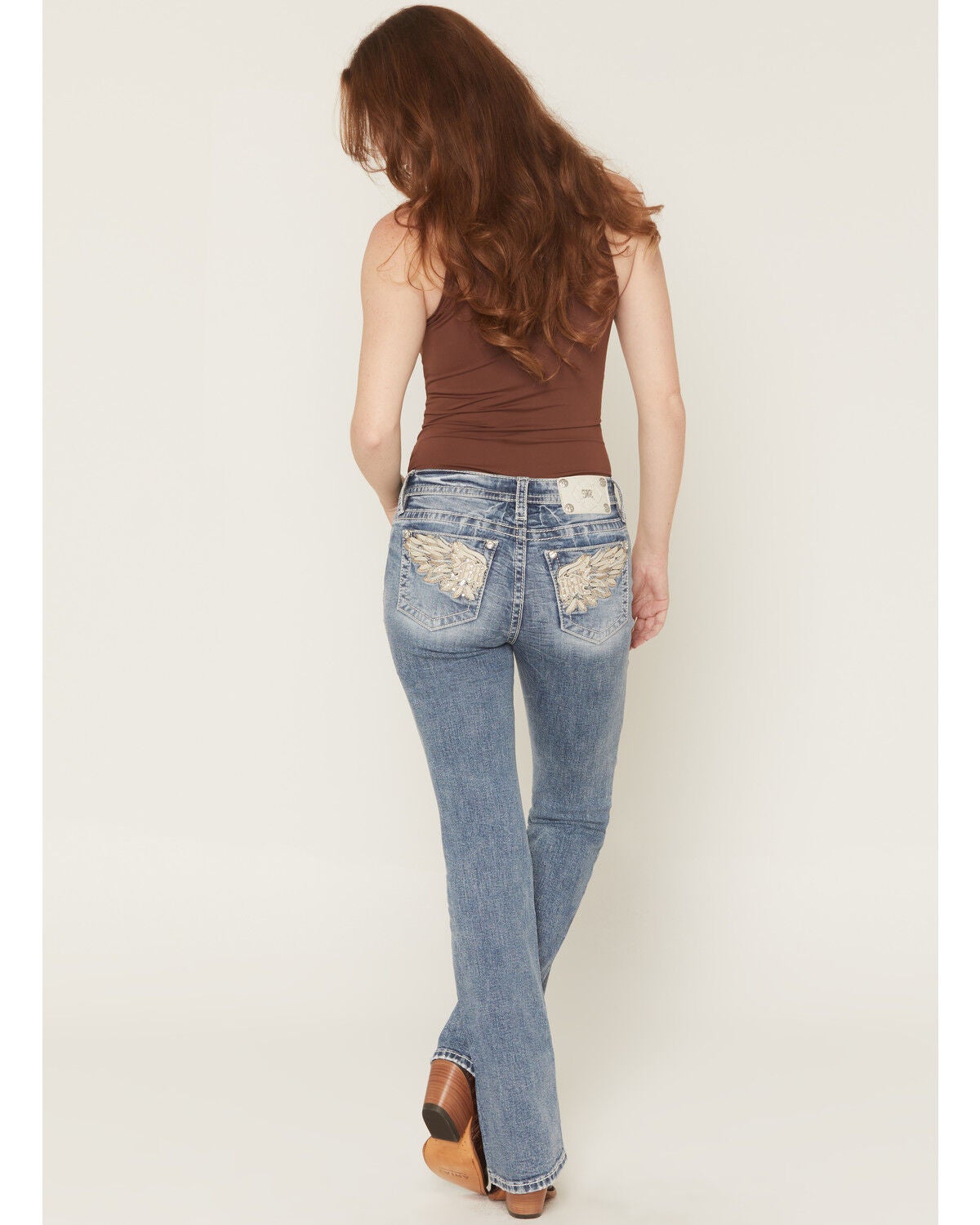 Miss Me Women's Medium Wash Mid Rise Logo Pocket Bootcut Stretch Denim Jeans, Medium Wash, hi-res