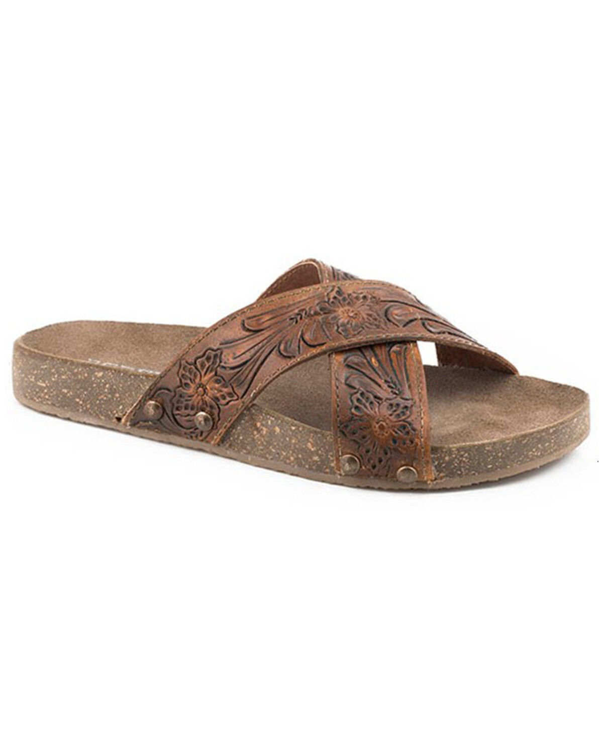 Image #1 - Roper Women's Delaney Tooled Cross Band Sandal, Tan, hi-res