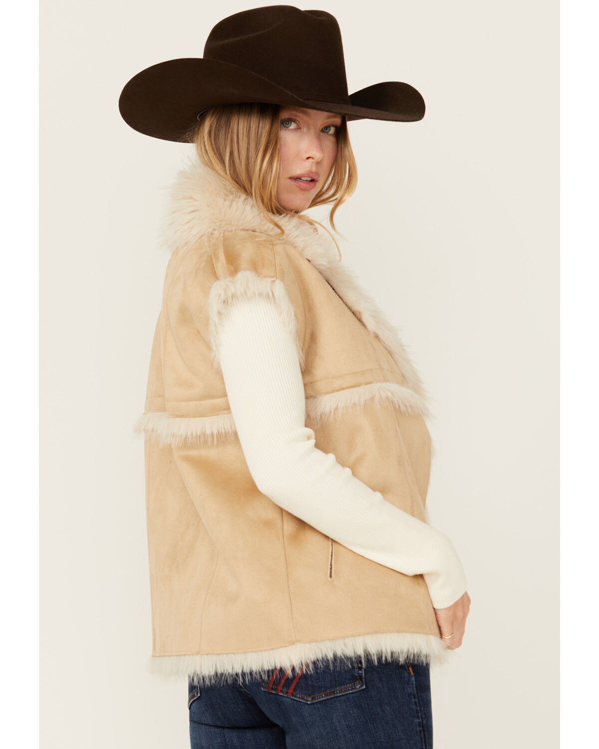Image #4 - Revel Women's Faux Suede Fur Vest, Tan, hi-res