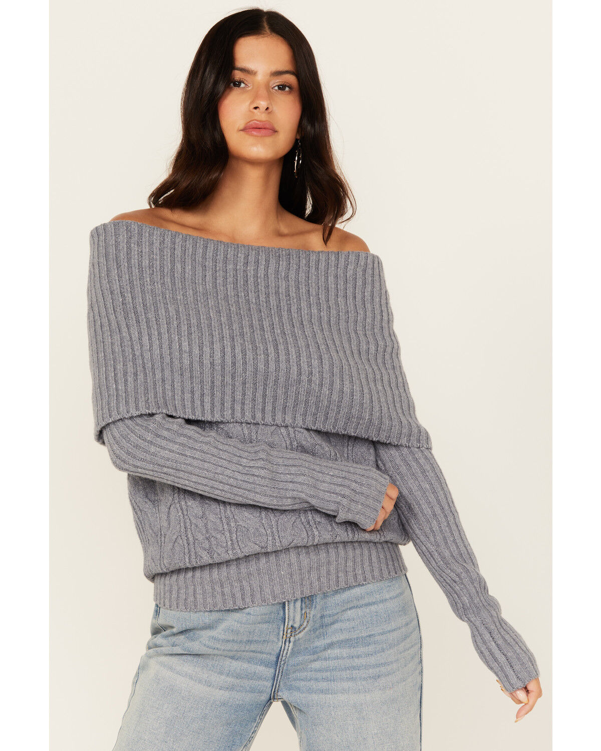 Image #1 - Shyanne Women's Off The Shoulder Cable Knit Sweater, Slate, hi-res