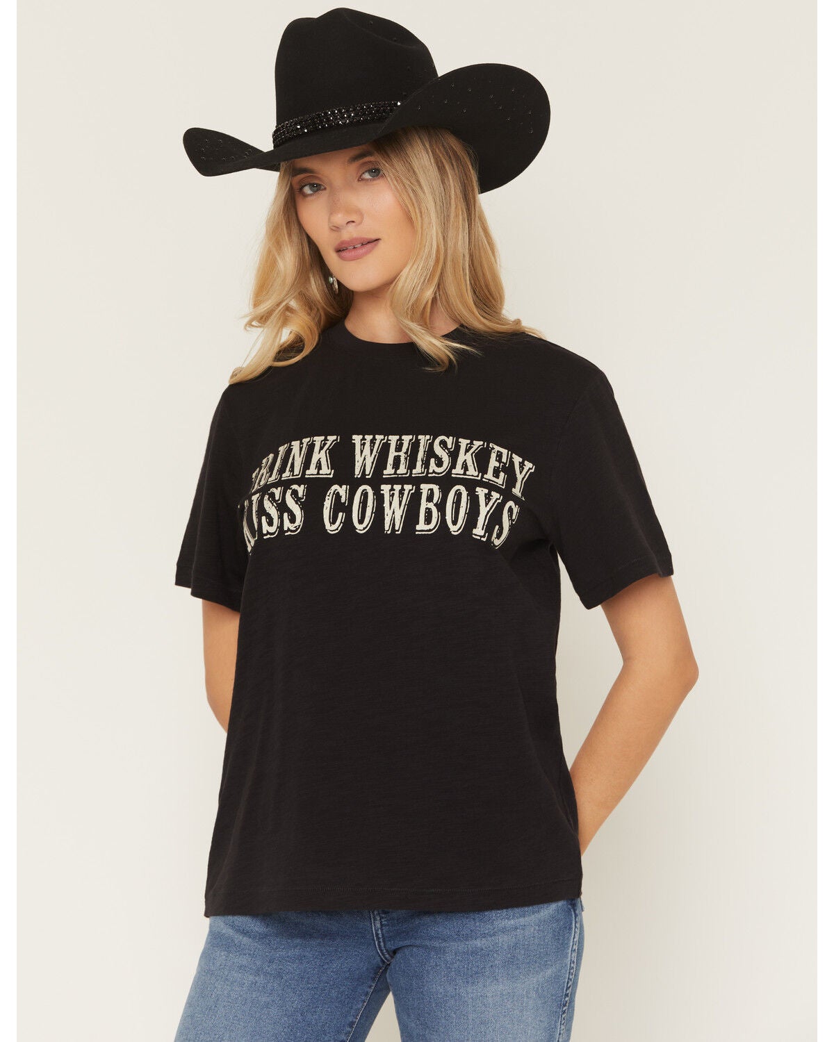 Image #1 - Shyanne Women's Drink Whiskey Kiss Cowboys Short Sleeve Graphic Tee, Black, hi-res