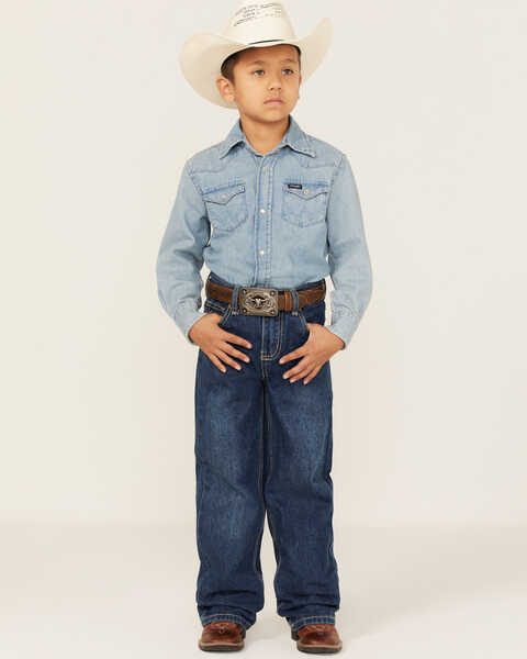 Image #1 - Cowboy Hardware Boys' Medium Wash Mid Rise Steer Head Straight Jeans, Blue, hi-res