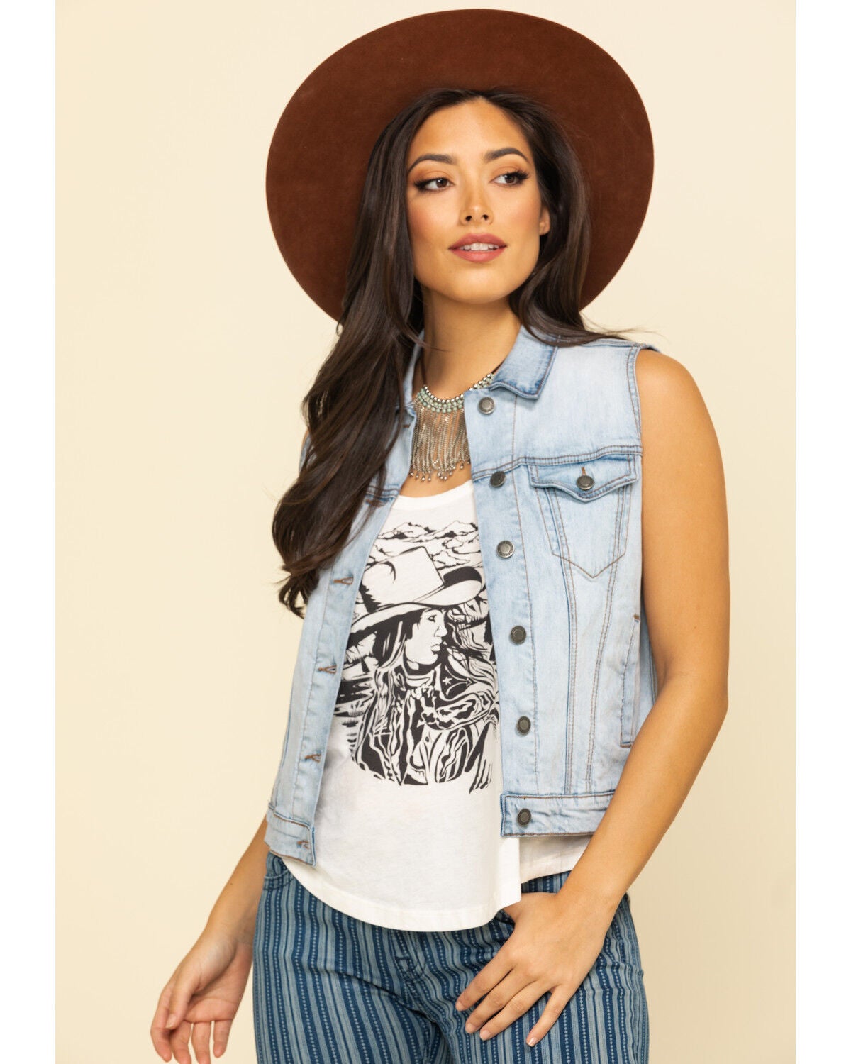 Image #1 - Stetson Women's Light Denim Horseshoe Vest, Blue, hi-res