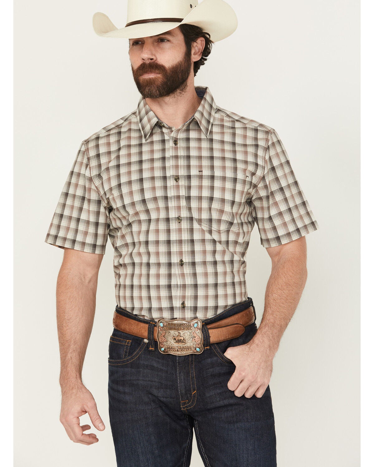 Cody James Men's Summit Plaid Print Short Sleeve Button-Down Stretch Western Shirt, Brown, hi-res