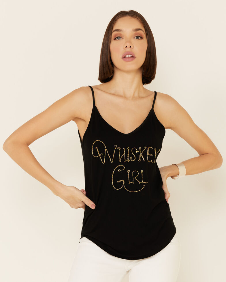 Shyanne Women's Whiskey Girl Graphic Suede Cami Top , Black, hi-res