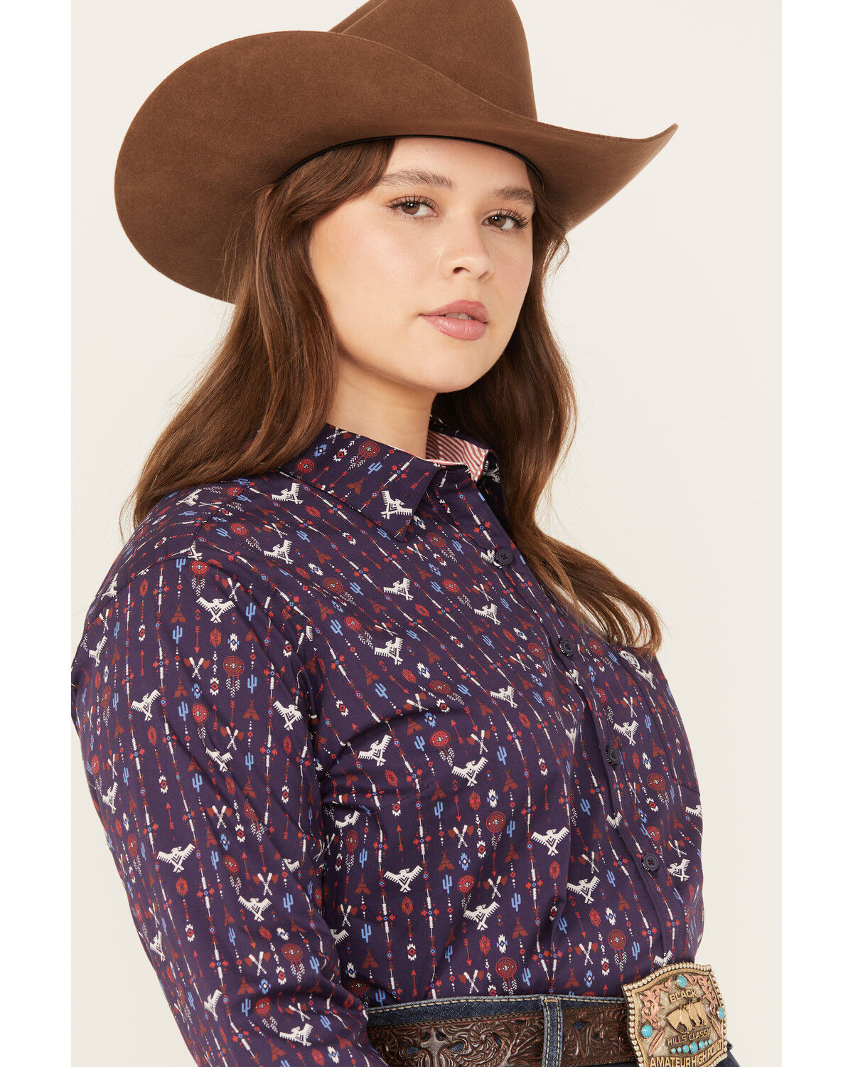 Image #2 - Ariat Women's Southwestern Print Long Sleeve Kirby Stretch Button Down Shirt - Plus, Navy, hi-res