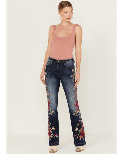 Image #1 - Driftwood Women's Medium Wash High Rise Floral Embroidered Stretch Flare Jeans , Medium Wash, hi-res