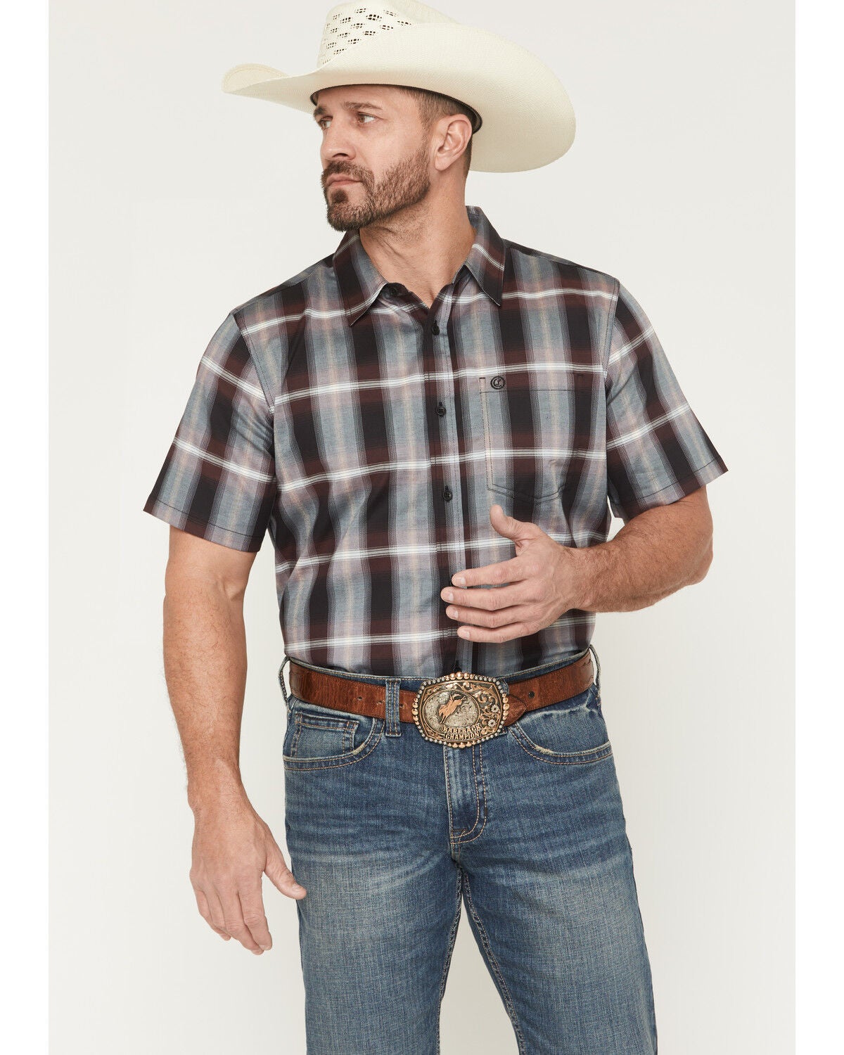 Image #1 - Cody James Men's Bowen Plaid Print Short Sleeve Button-Down Stretch Western Shirt, Purple, hi-res
