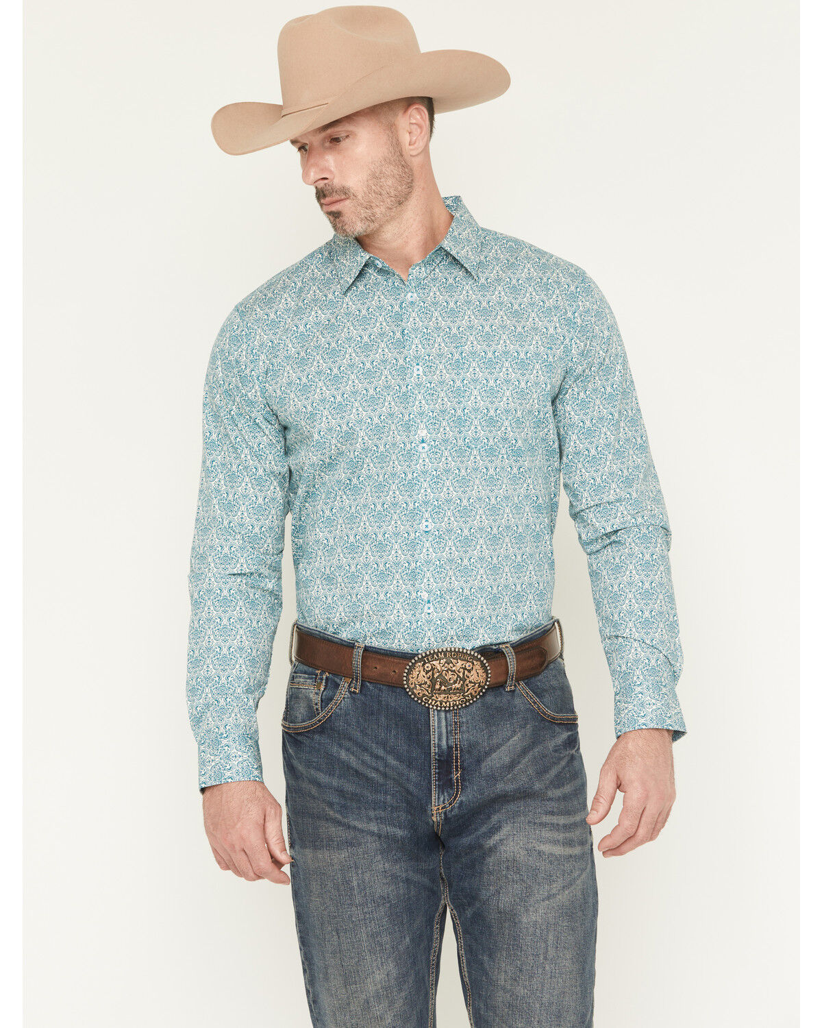 Image #1 - Gibson Trading Co Men's Lava Lamps Medallion Print Long Sleeve Button-Down Stretch Western Shirt, Teal, hi-res
