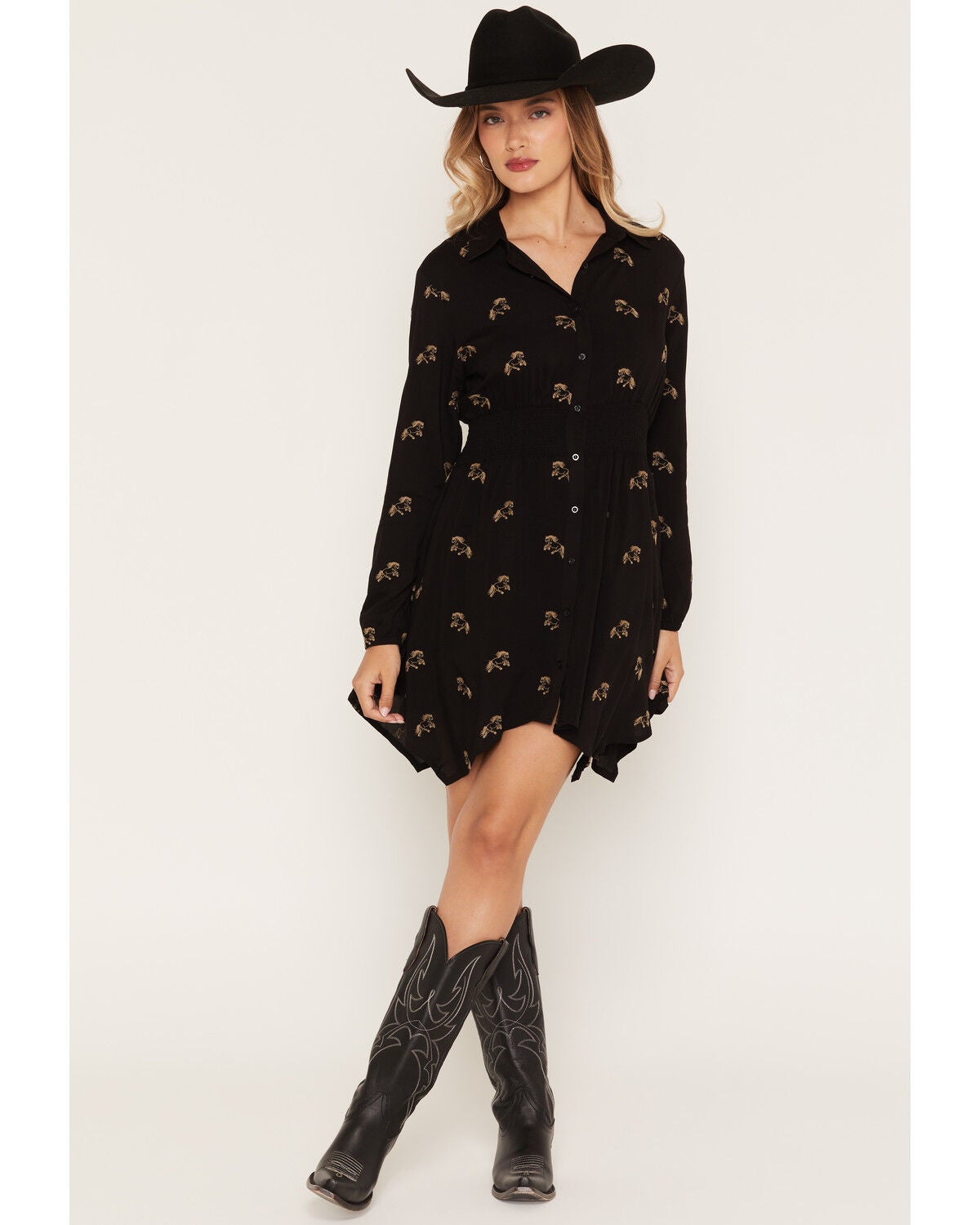 Rosabelle Honey Women's Horse Embroidered Long Sleeve Button-Down Mini Dress, Black, hi-res