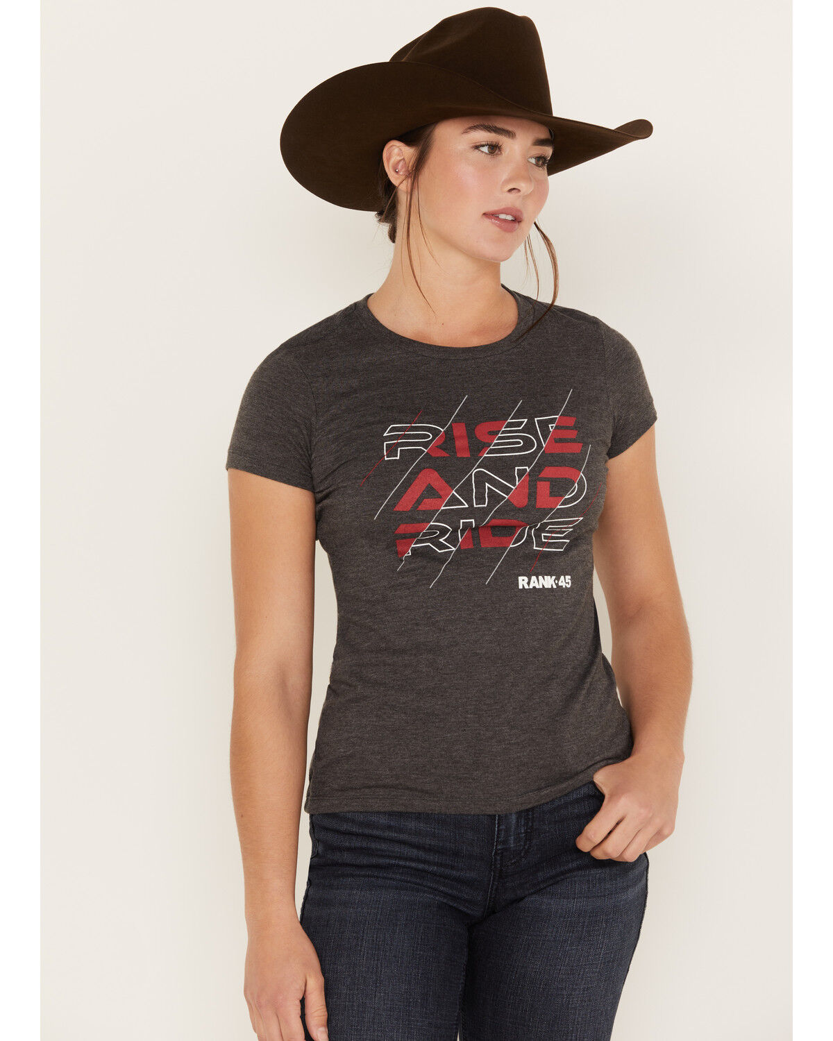Image #1 - RANK 45® Women's Rise and Ride Short Sleeve Graphic Tee, Charcoal, hi-res