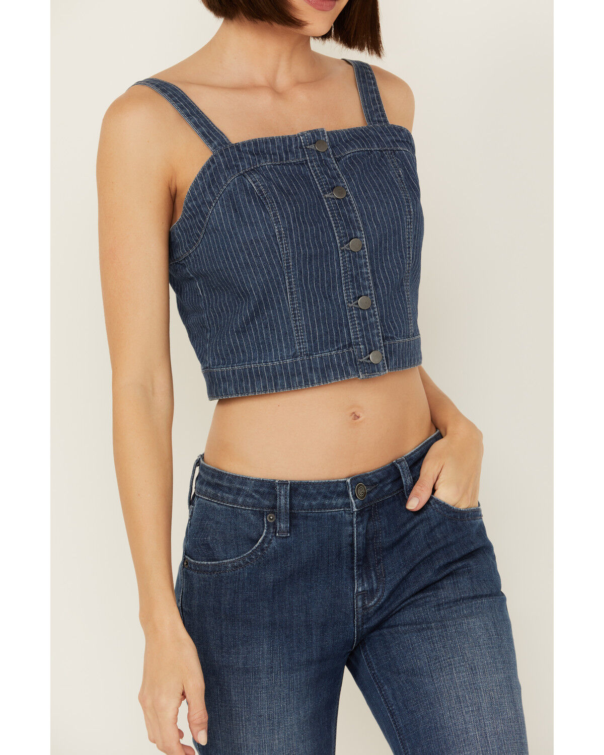 Image #3 - Rock & Roll Denim Women's Dark Wash Pinstripe Denim Corset Crop Top, Dark Wash, hi-res