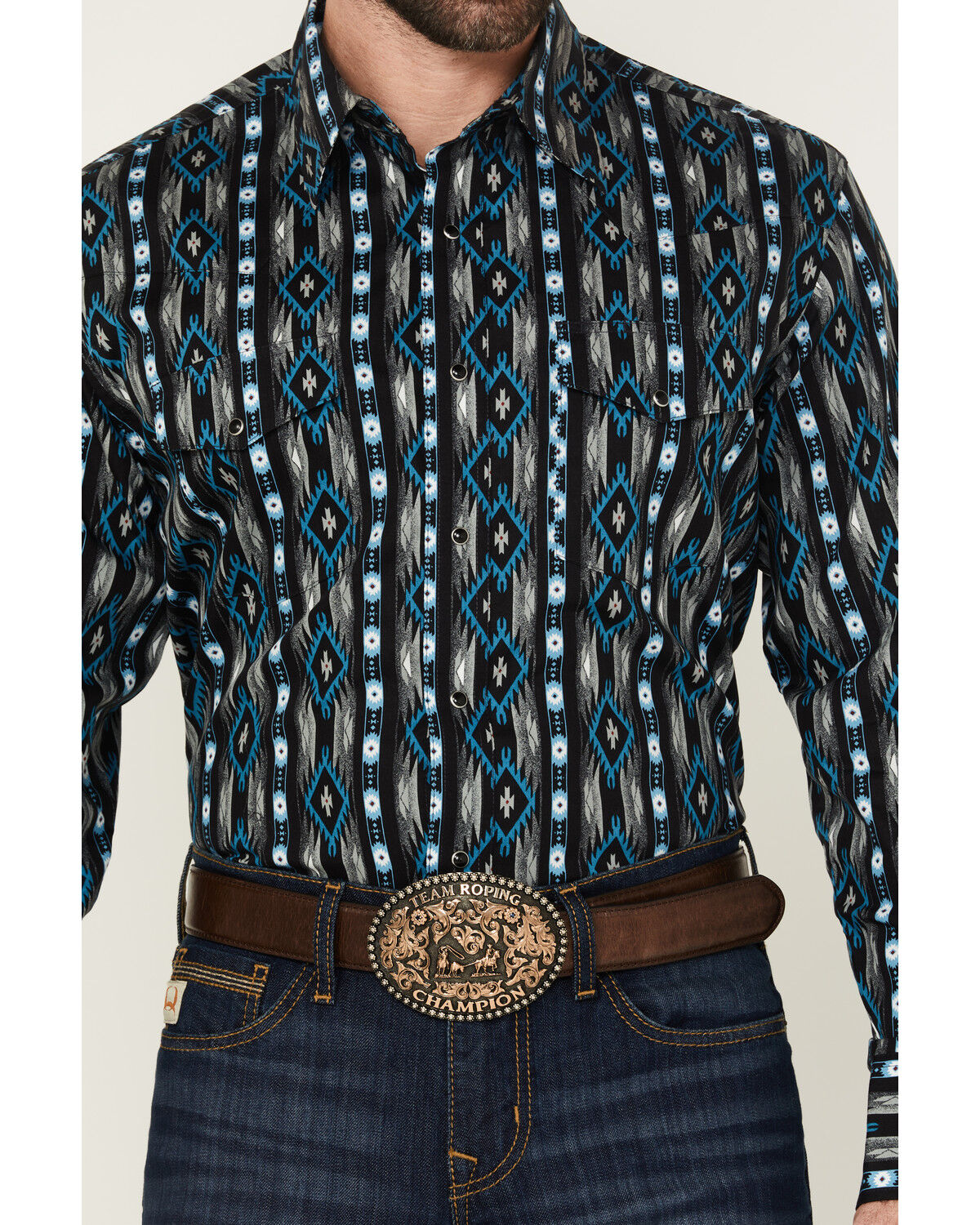 Image #3 - Wrangler Men's Checotah Southwestern Striped Long Sleeve Pearl Snap Western Shirt - Big, Black, hi-res