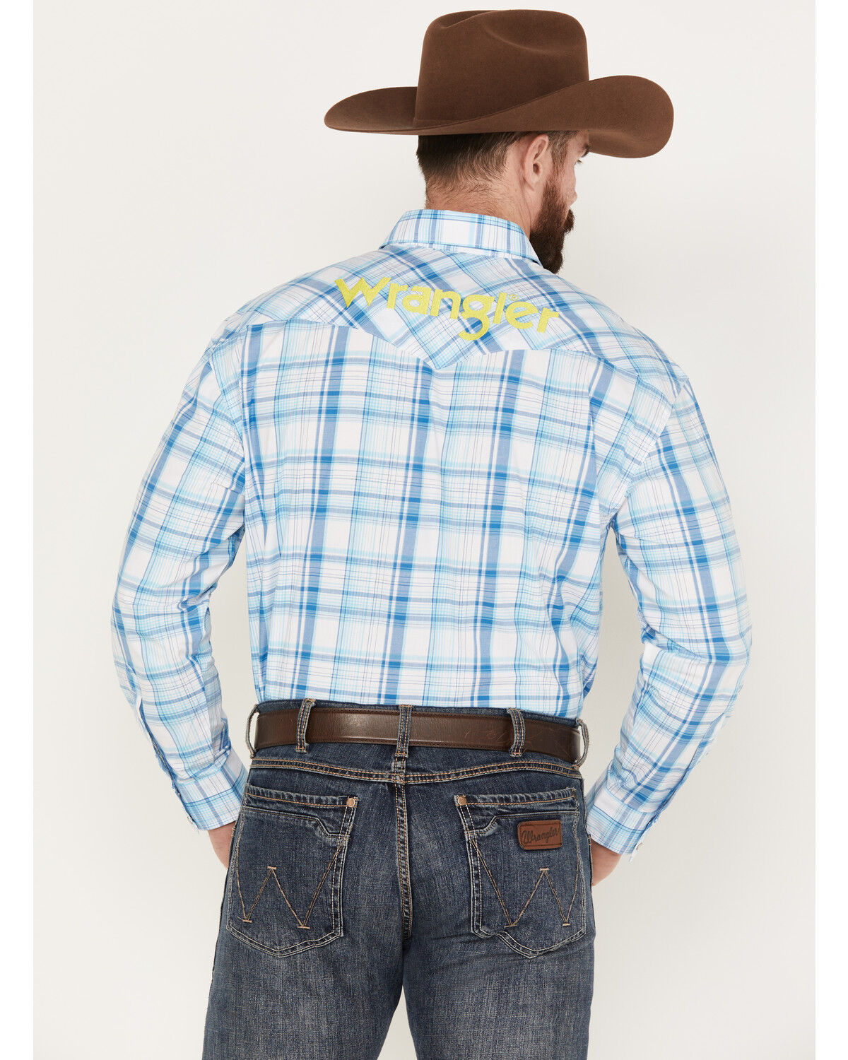 Image #4 - Wrangler Men's Logo Plaid Print Long Sleeve Western Snap Shirt, Light Blue, hi-res