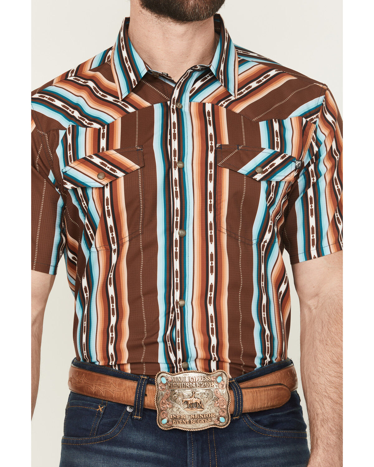 Image #3 - RANK 45® Men's Sierra Peak Striped Short Sleeve Snap Performance Western Shirt, Multi, hi-res