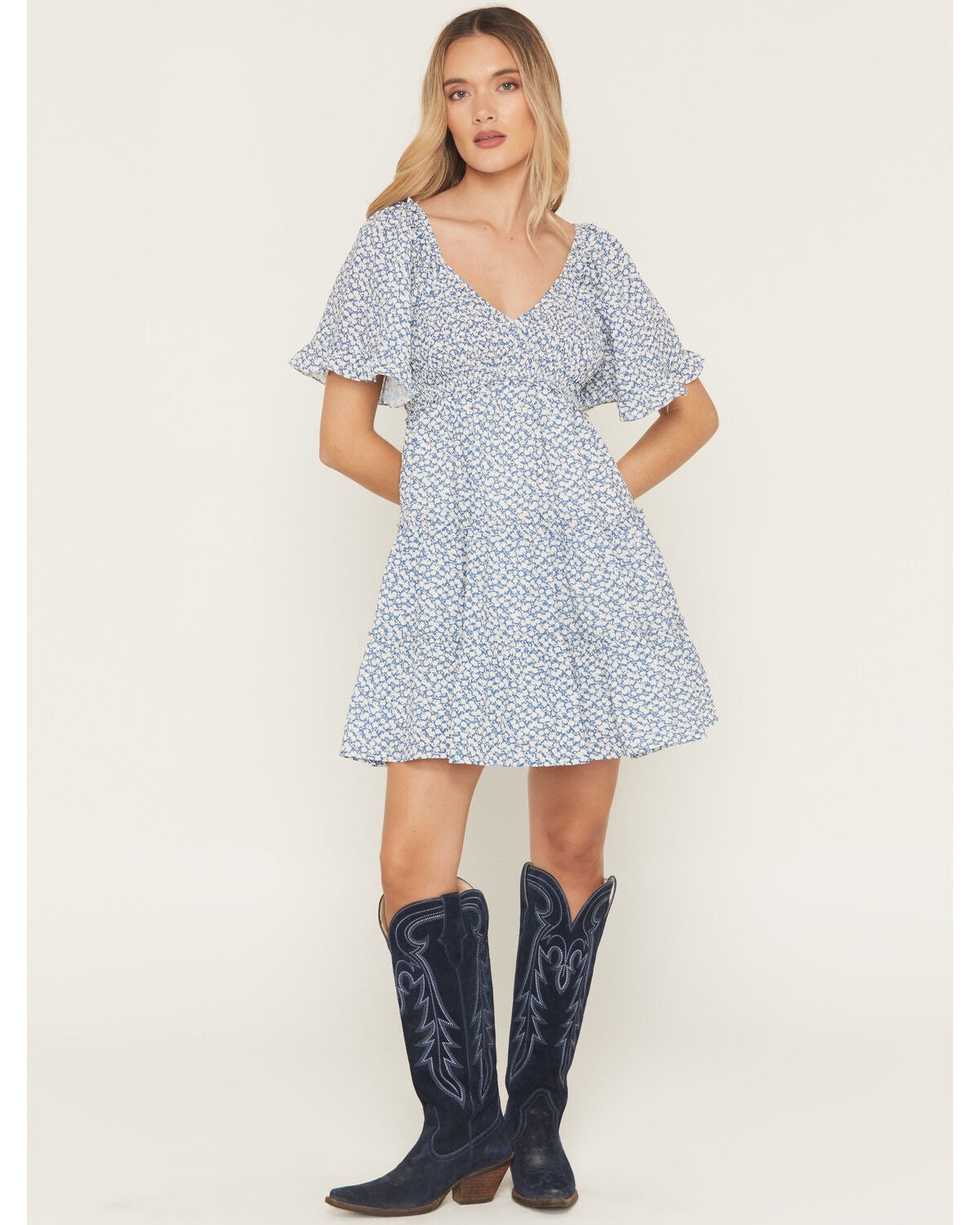 Yura Women's Boot Barn Exclusive Floral Print Smocked Front Tiered Mini Dress, Blue, hi-res