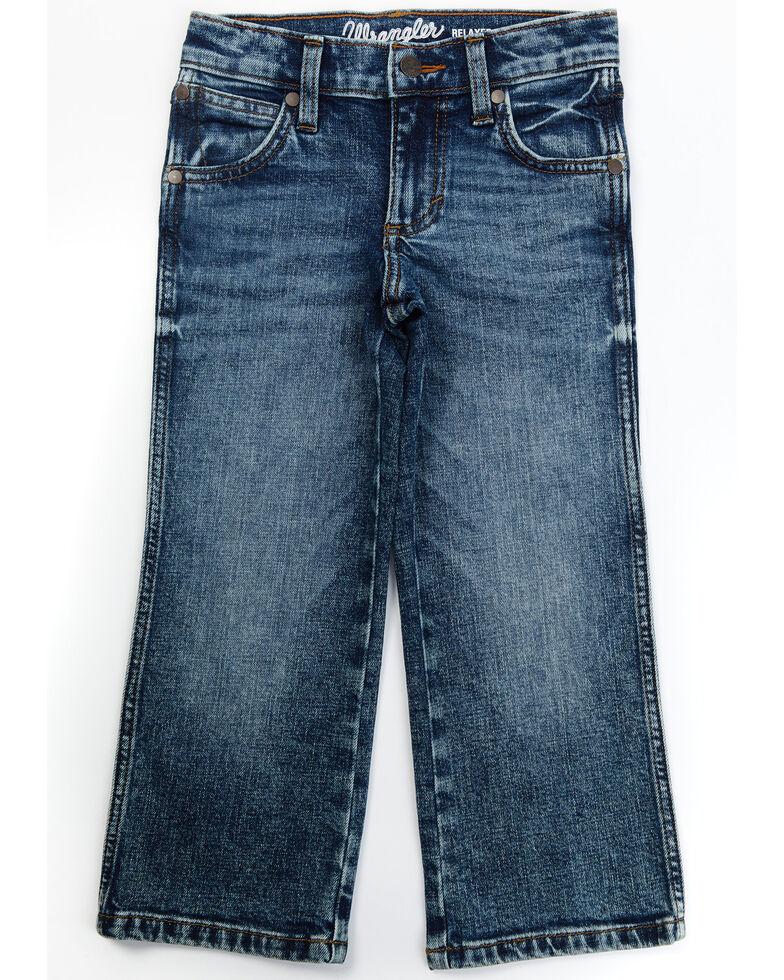 Wrangler Youth Boys' Jersey Dark Wash Relaxed Bootcut Jeans, Dark Blue, hi-res
