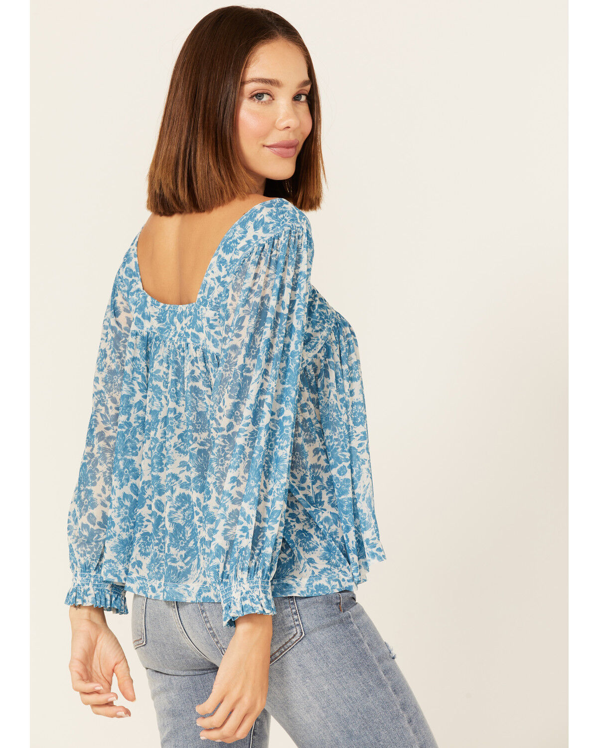 Image #4 - Beyond The Radar Women's Floral Print Long Sleeve Mesh Top, Blue, hi-res